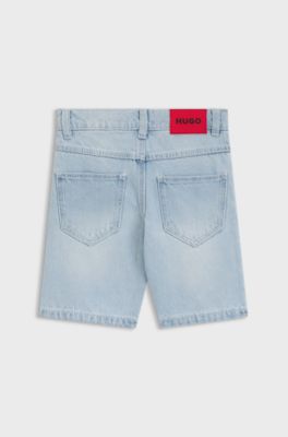 Kindershort van blauw denim met logodetails, Lichtblauw