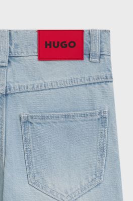 Kindershort van blauw denim met logodetails, Lichtblauw