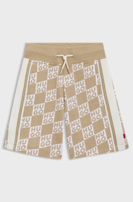 Shorts in misto cotone per bambini con stampa logo impilato, Beige