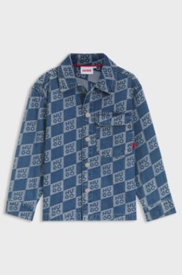 Camicia denim bambini con logo scomposto all-over, A disegni