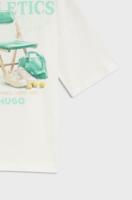 Kids' loose-fit T-shirt in cotton with sports artwork, Natural