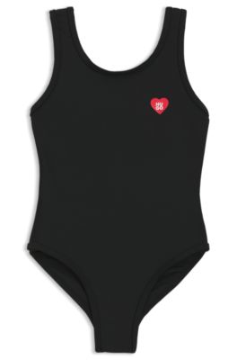Kids' swimsuit with heart-shaped logo print, Black