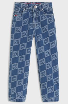 Jeans blu bambini con jacquard a logo sovrapposto, A disegni