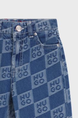 Kids' blue jeans with stacked-logo jacquard, Patterned