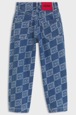 Jeans blu bambini con jacquard a logo sovrapposto, A disegni