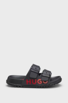 Kids' twin-strap sandals with red logo, Black