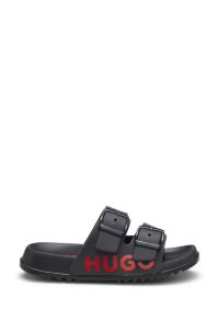 Sandales enfant &agrave; logo rouge avec deux sangles, Noir
