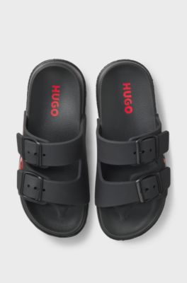 Kids' twin-strap sandals with red logo, Black