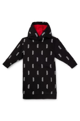 Kids' fleece hoodie dress with vertical logo prints, Black