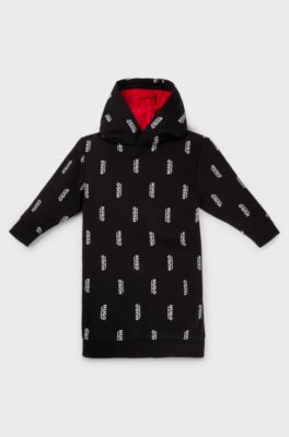 Vestito con cappuccio per bambine in pile con loghi stampati in verticale, Nero