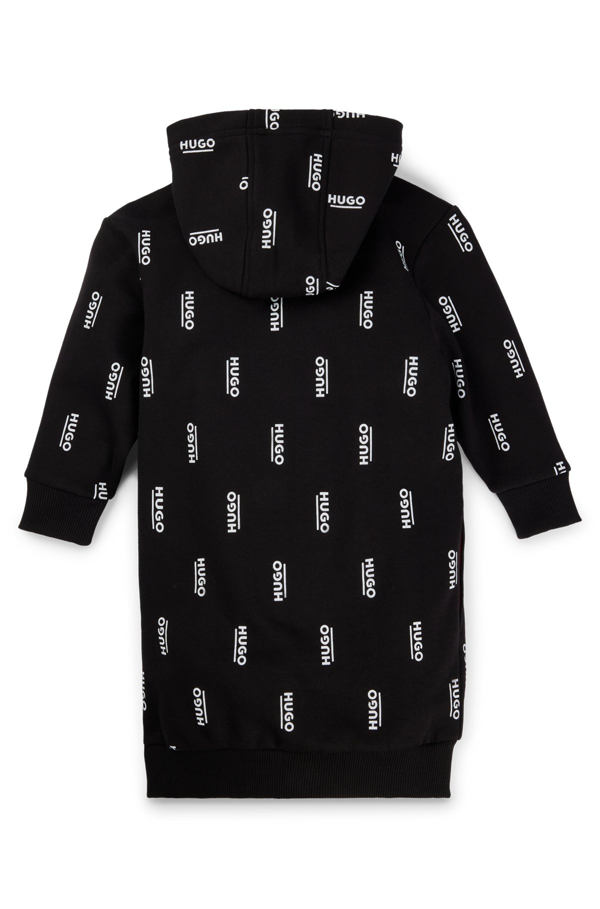 Kids' fleece hoodie dress with vertical logo prints, Black