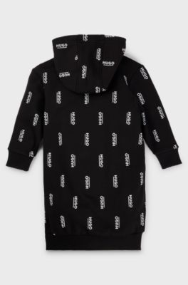 Vestito con cappuccio per bambine in pile con loghi stampati in verticale, Nero