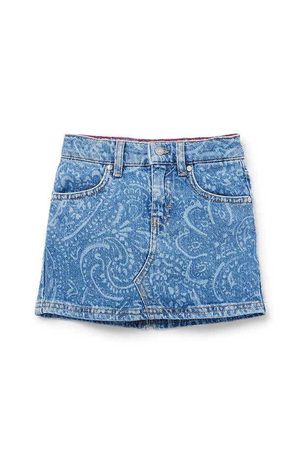 Kids' stretch-denim mini skirt with lasered paisley pattern, Patterned