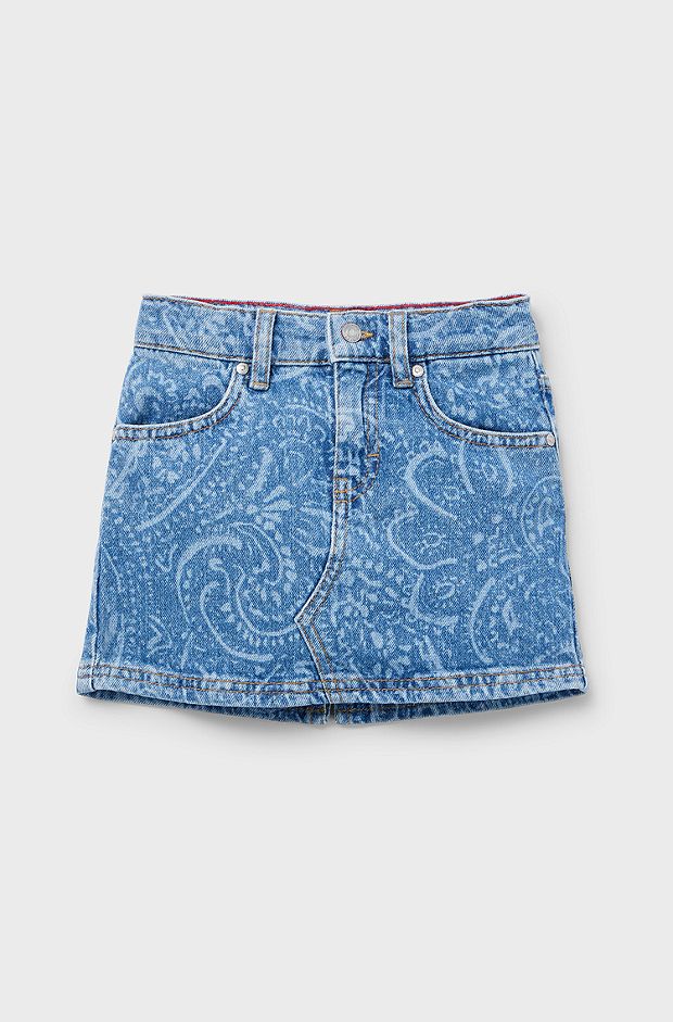 Kids' stretch-denim mini skirt with lasered paisley pattern, Patterned
