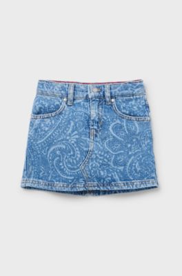 Minigonna per bambine in denim elasticizzato con motivo Paisley inciso al laser, A disegni