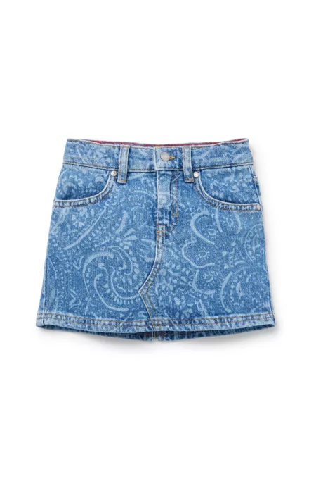 Jupe courte pour enfant en denim stretch à motif cachemire réalisé au laser