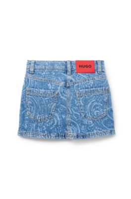 Kids' stretch-denim mini skirt with lasered paisley pattern, Patterned