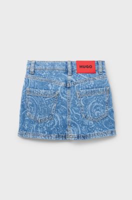 Kids' stretch-denim mini skirt with lasered paisley pattern, Patterned