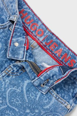 Minigonna per bambine in denim elasticizzato con motivo Paisley inciso al laser, A disegni