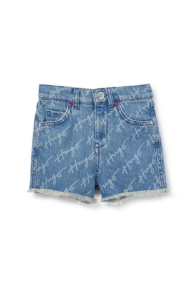 Kids' stretch-denim shorts with all-over handwritten logos, Patterned