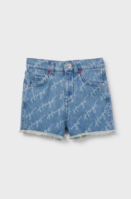 Kids' stretch-denim shorts with all-over handwritten logos, Patterned