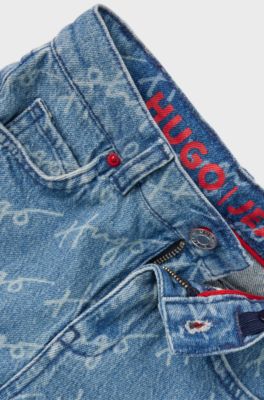 Kids' stretch-denim shorts with all-over handwritten logos, Patterned