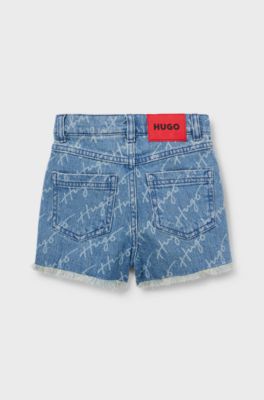 Kids' stretch-denim shorts with all-over handwritten logos, Patterned
