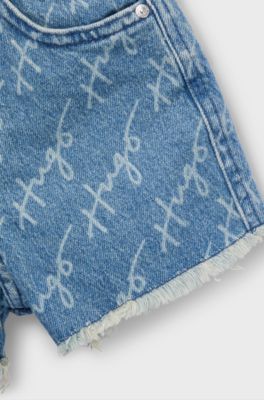 Kids' stretch-denim shorts with all-over handwritten logos, Patterned