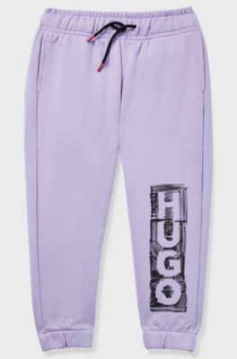 Kids' cotton-blend tracksuit bottoms with marker-style logo, Light Purple