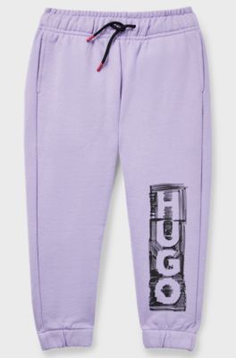 Kids' cotton-blend tracksuit bottoms with marker-style logo, Light Purple