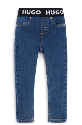 Kids' jeggings in blue stretch denim with branded waistband, Blue