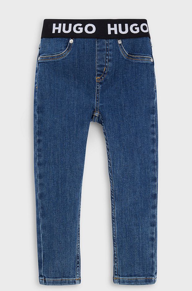 Kids' jeggings in blue stretch denim with branded waistband, Patterned
