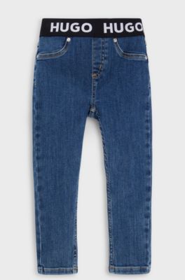 Kids' jeggings in blue stretch denim with branded waistband, Blue
