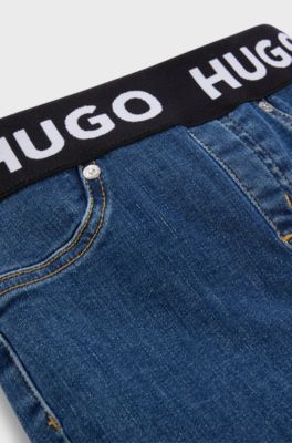 Kids' jeggings in blue stretch denim with branded waistband, Blue