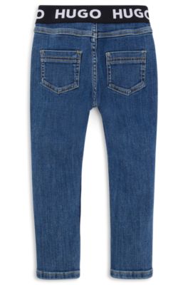 Kids' jeggings in blue stretch denim with branded waistband, Blue