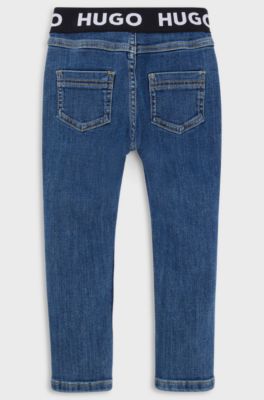 Kids' jeggings in blue stretch denim with branded waistband, Blue