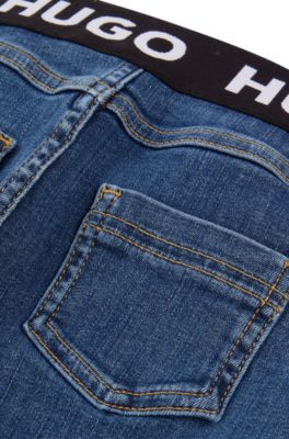 Kids' jeggings in blue stretch denim with branded waistband, Blue