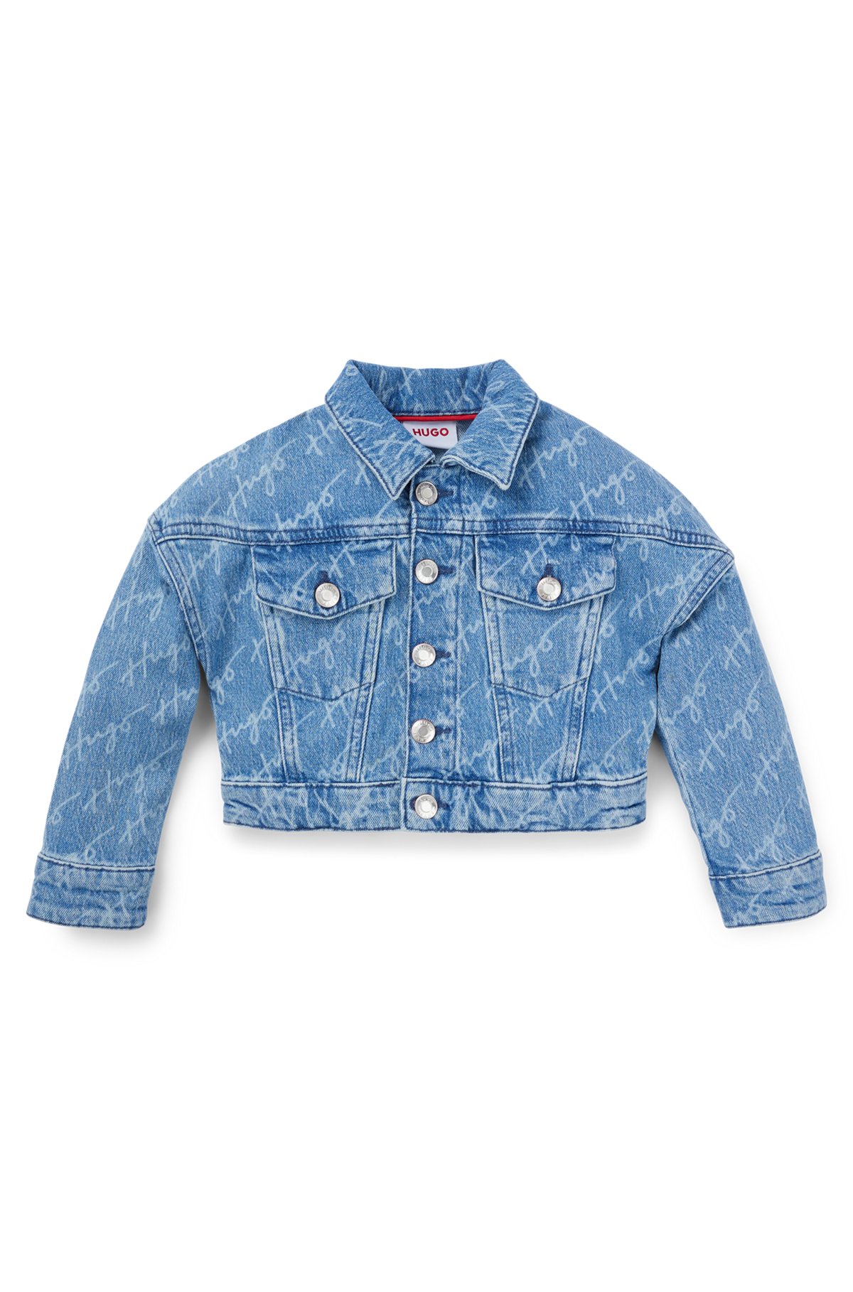Kids' blue-denim jacket with handwritten logo motif, Patterned