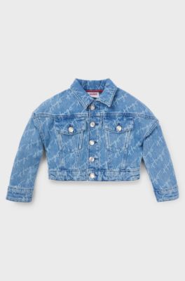 Kids' blue-denim jacket with handwritten logo motif, Patterned