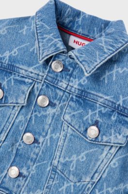 Kids' blue-denim jacket with handwritten logo motif, Patterned