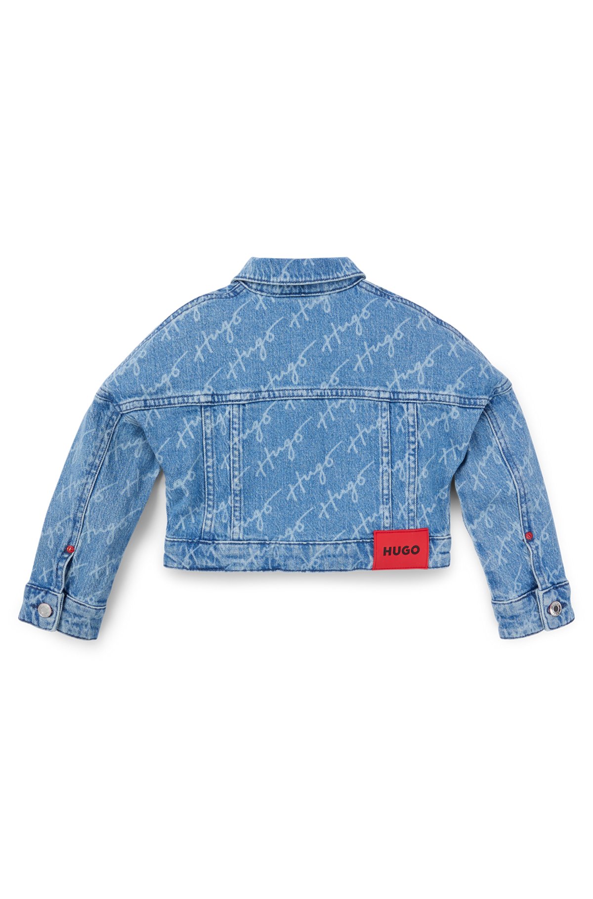 Kids' blue-denim jacket with handwritten logo motif, Patterned