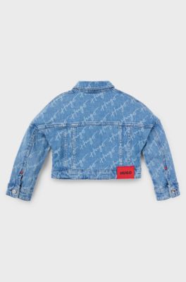 Kids' blue-denim jacket with handwritten logo motif, Patterned