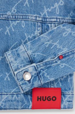 Kids' blue-denim jacket with handwritten logo motif, Patterned