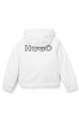 Kids' hooded windbreaker with logo print, White