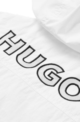Kids' hooded windbreaker with logo print, White