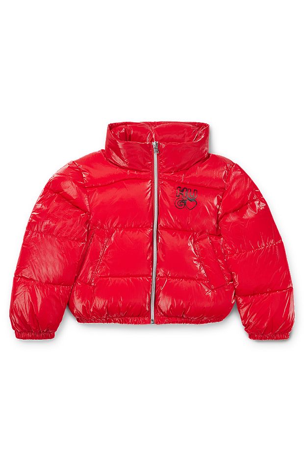 Kids' hooded puffer jacket in film-coated crinkle fabric, Red