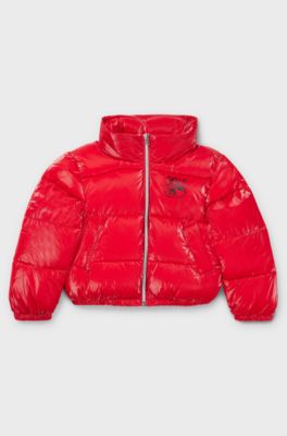 Kids' hooded puffer jacket in film-coated crinkle fabric, Red