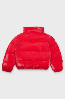 Doudoune &agrave; capuche pour enfant en tissu froiss&eacute; enduit, Rouge