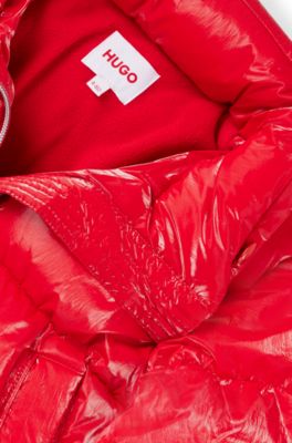 Piumino con cappuccio per bambini in tessuto stropicciato rivestito con pellicola, Rosso