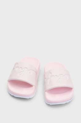 Kids' lightweight slides with handwritten-logo strap, light pink